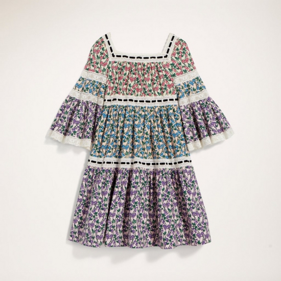 Marc Jacobs - Tiered Prairie Dress With Flared Sleeve and Lace Inserts - Click Image to Close