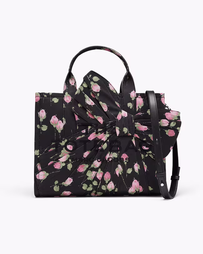 Medium Tote Bag In Vintage Floral Canvas With Oversized Bow