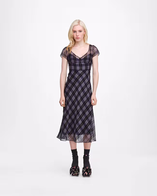 Plaid Chiffon Midi Dress
