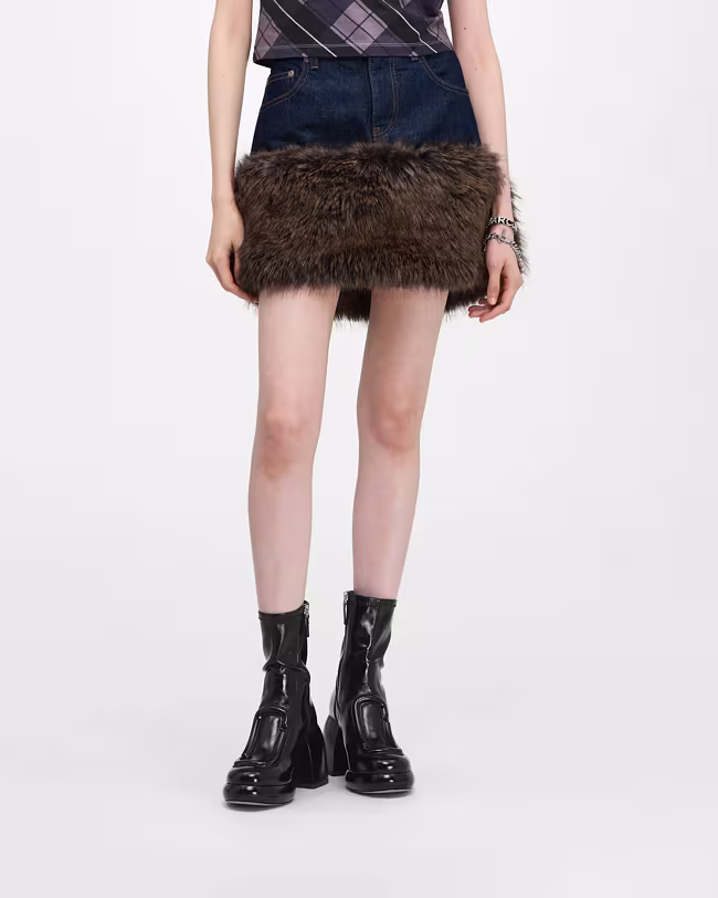 Faux Fur Denim Mini Skirt