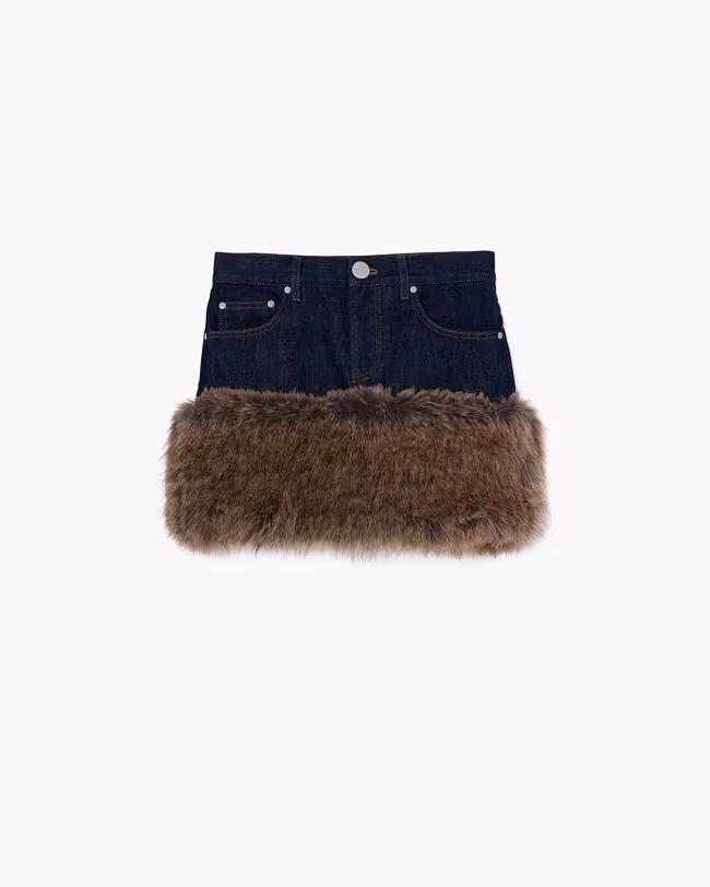 Faux Fur Denim Mini Skirt - image 2