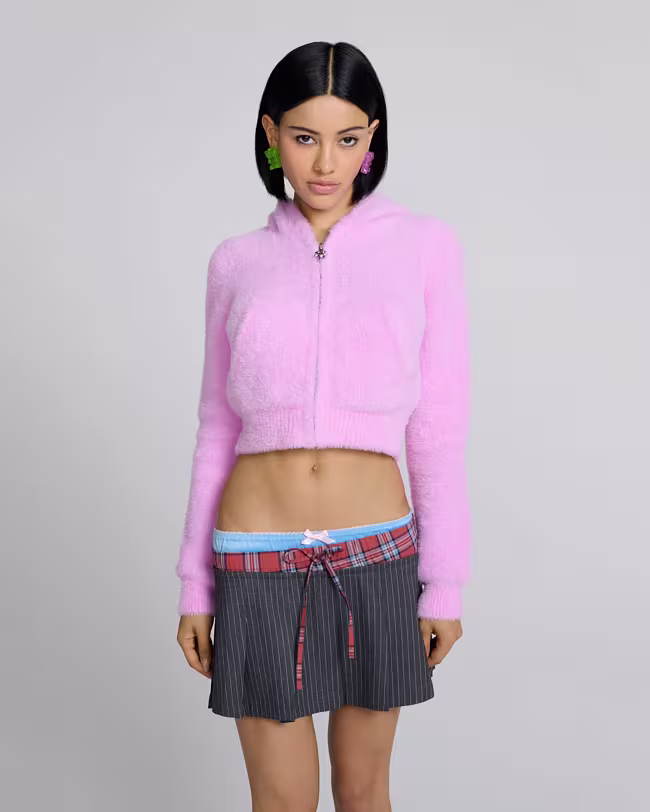 Fuzzy Shrunken Knit Zip-Up